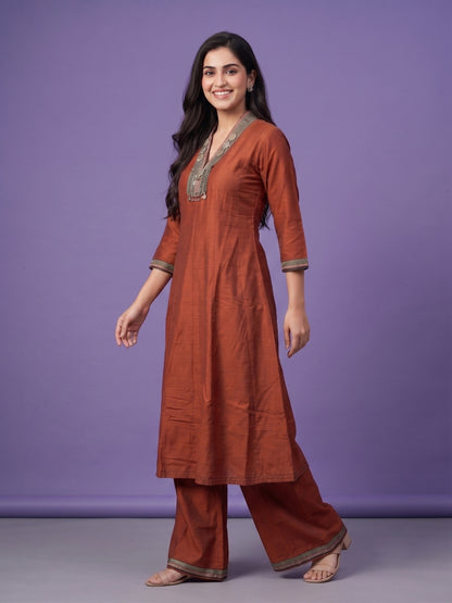 Brown High V Neck Slik Kurta Set