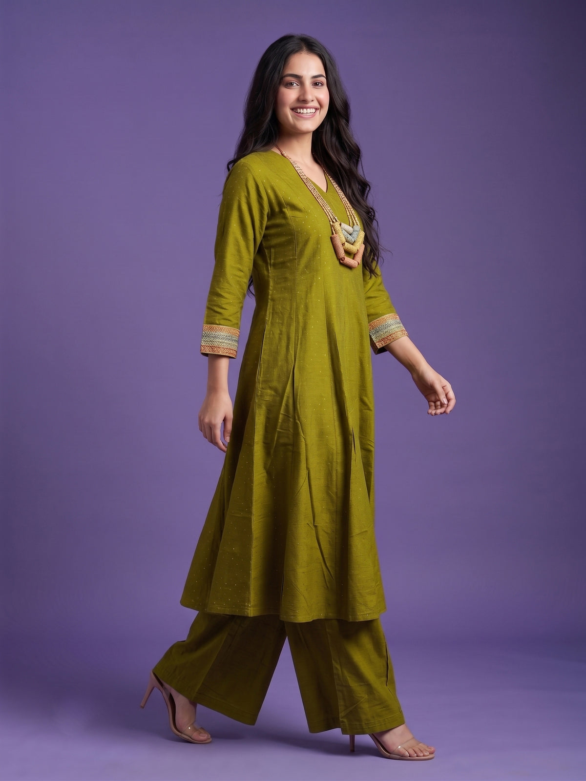 Slub Silk Kali Kurta with Palazzo & Necklace