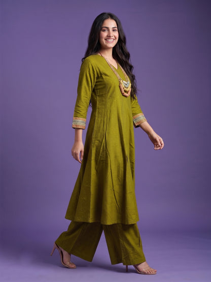 Slub Silk Kali Kurta with Palazzo & Necklace