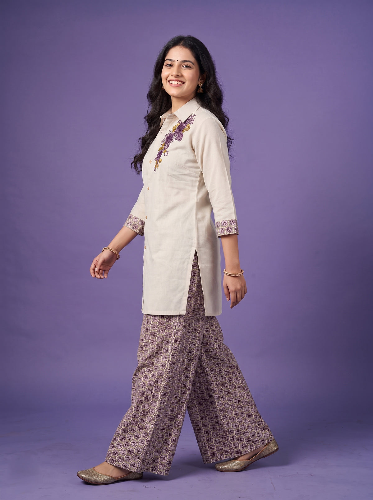 Embroidery Shirt Tunic Set with Printed Palazzo - Cotton Linen