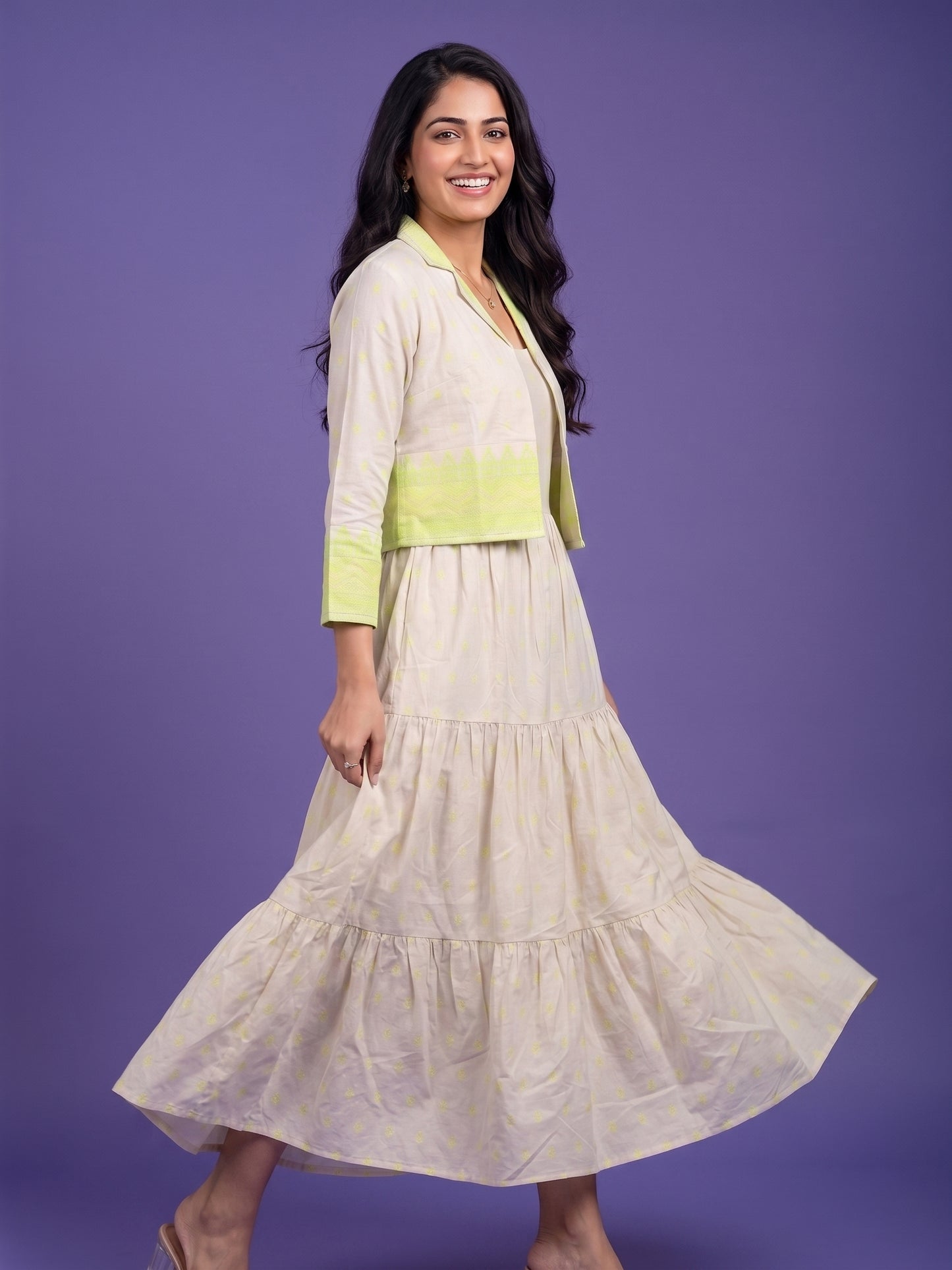 Ivory Round Neck Cotton Linen Gown With Crop Jacket