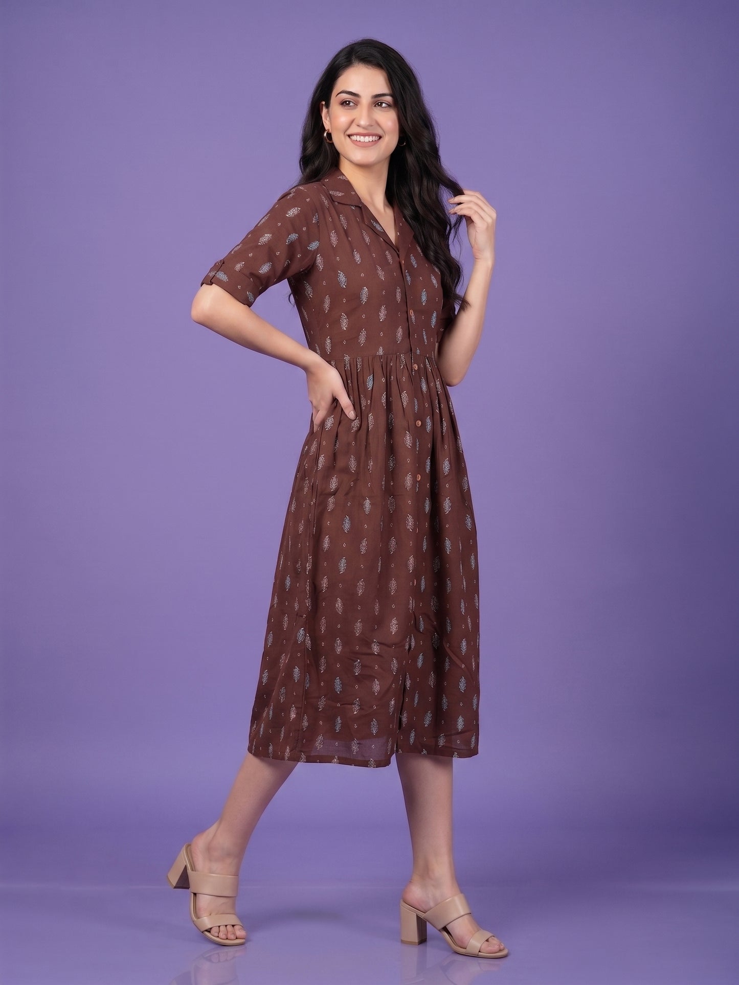 One Pcs Dress with Double Collar & Elbow Sleeve