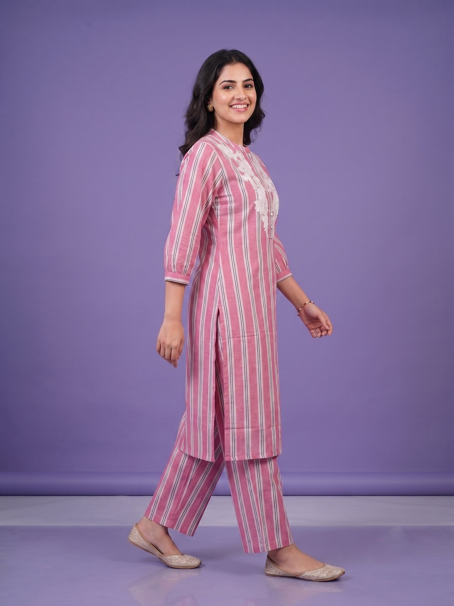 Pink Lavender Mandarin Neck Cotton Cord Set