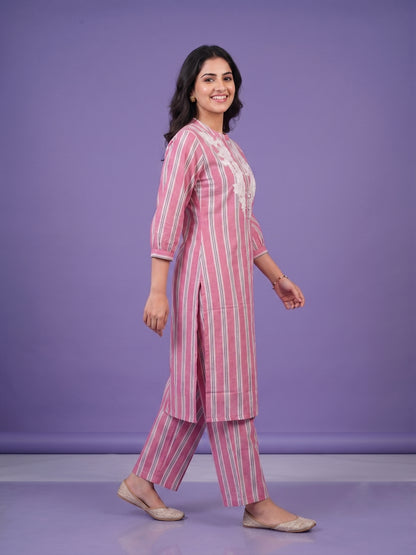 Pink Lavender Mandarin Neck Cotton Cord Set