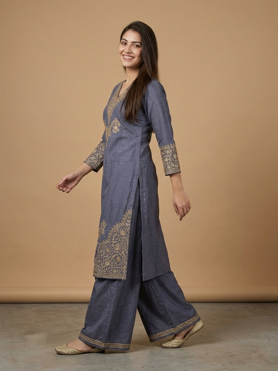 Slub Silk Straight Suit Set with Embroidered Dupatta