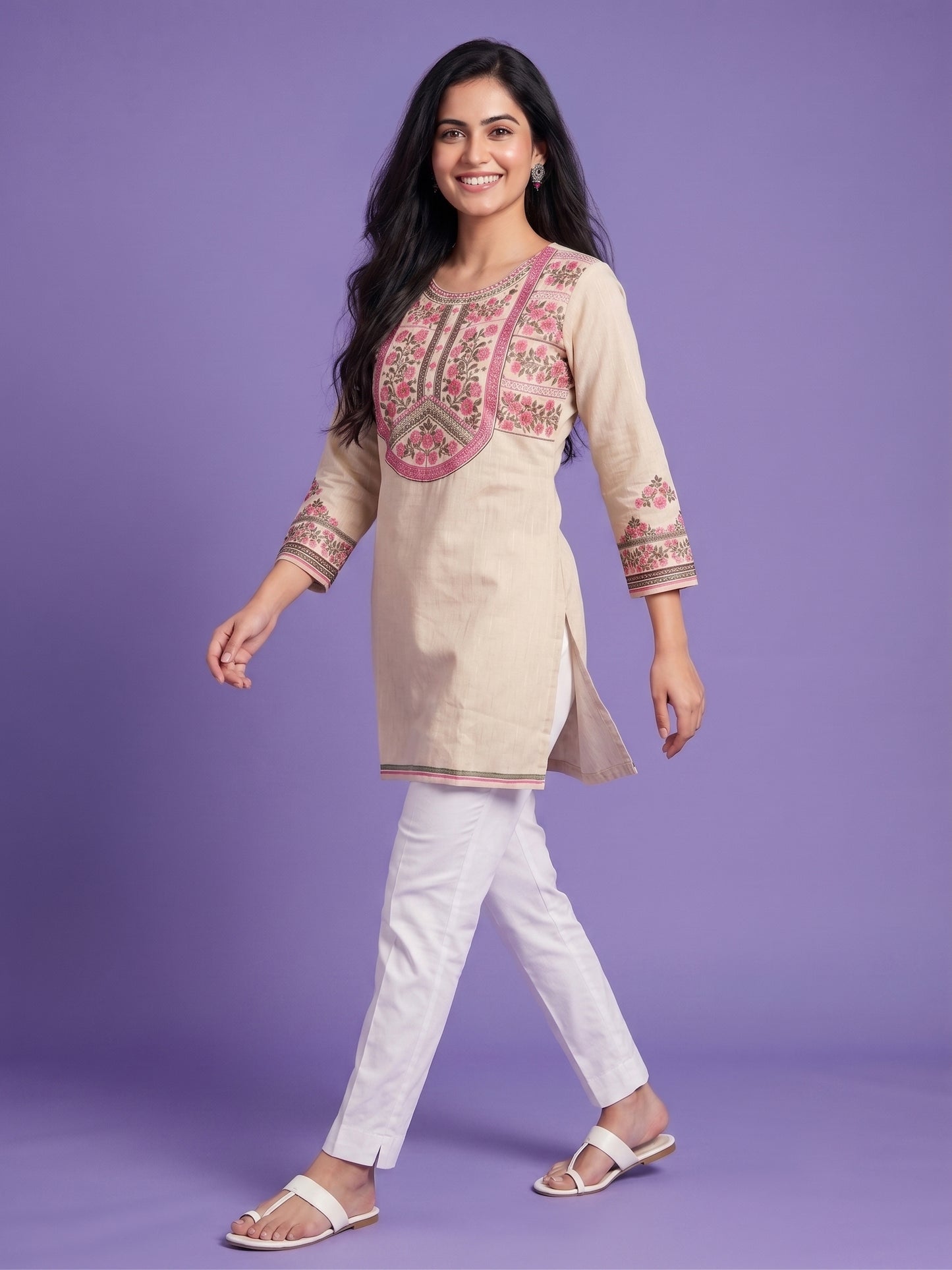 Ivory Round Neck Cotton Short Kurta