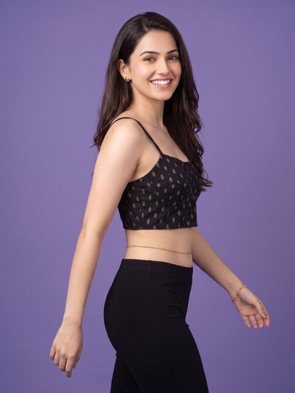Black Round Neck Viscose  Spaghetti Crop Top