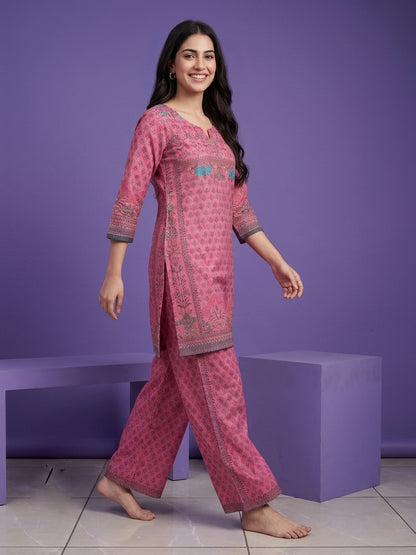 Pink Lavender Round V Neck Cotton Cord Set