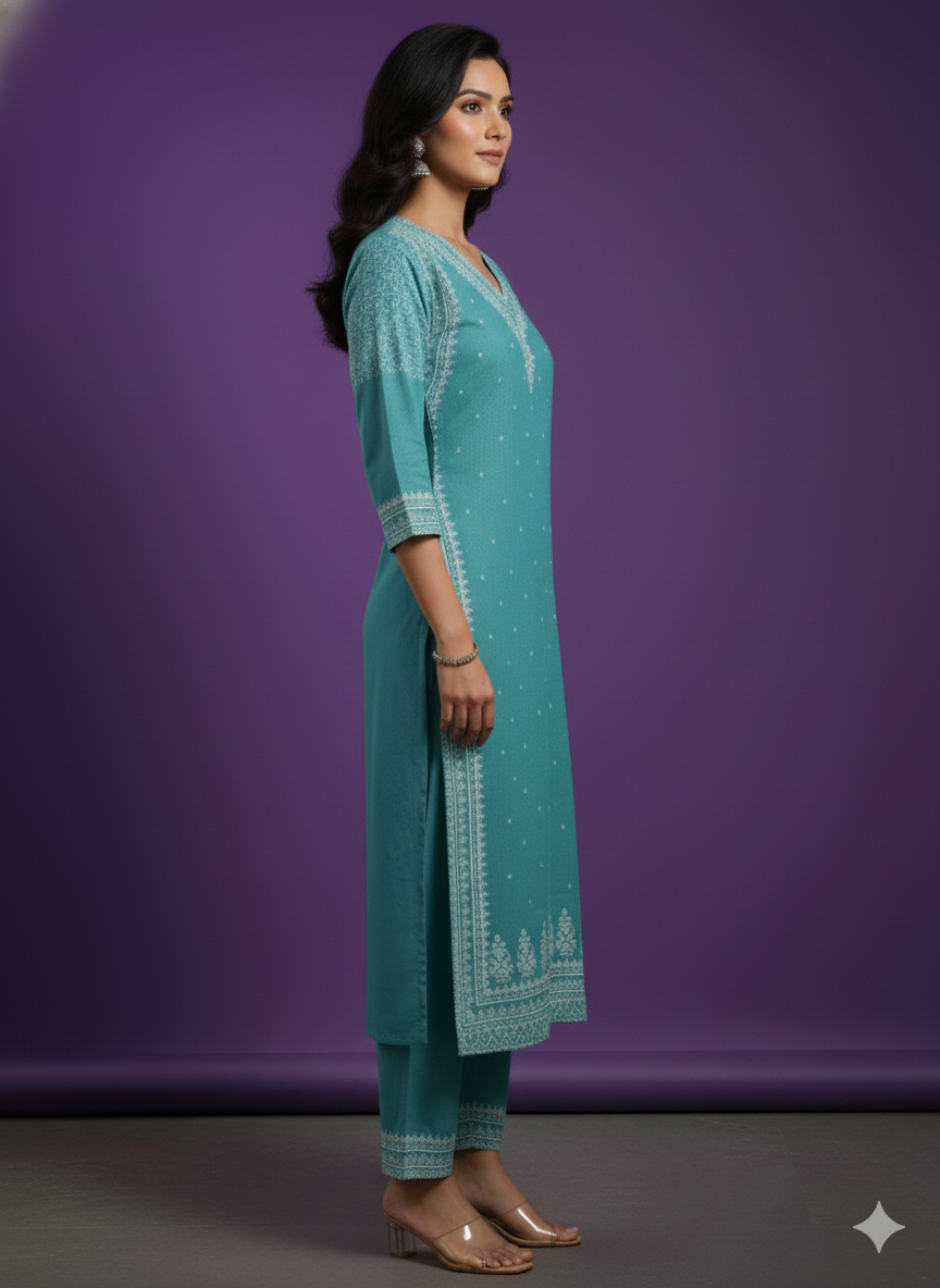 Green V neck Cotton Cord Set