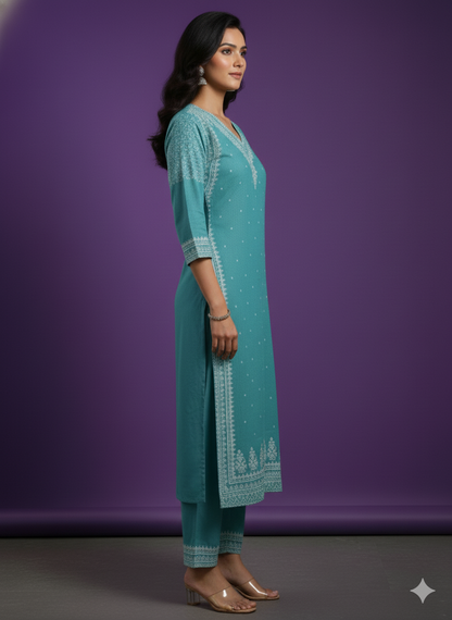 Green V neck Cotton Cord Set