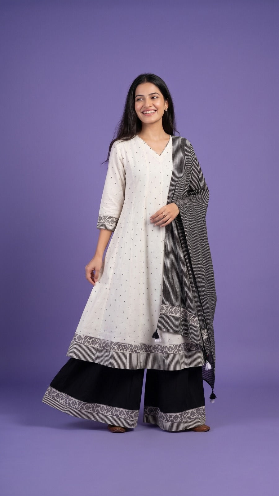 White V Neck Cotton Linen Kurta Set with Dupatta