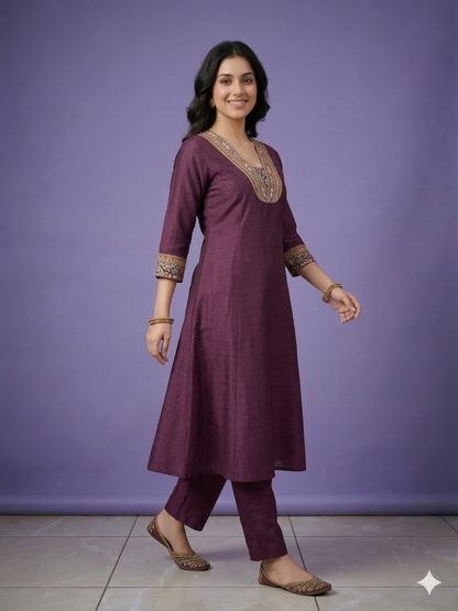 Purple Deep-V Silk Kurta