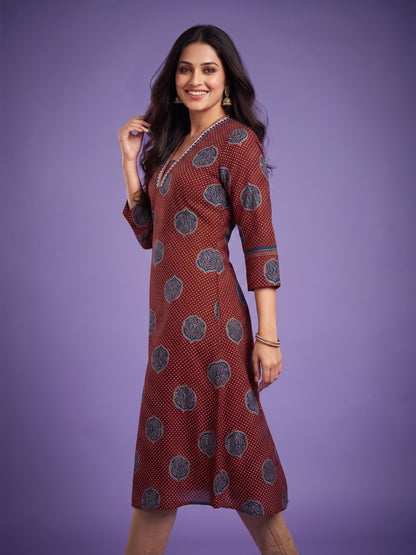 Red V Neck Cotton Kurta