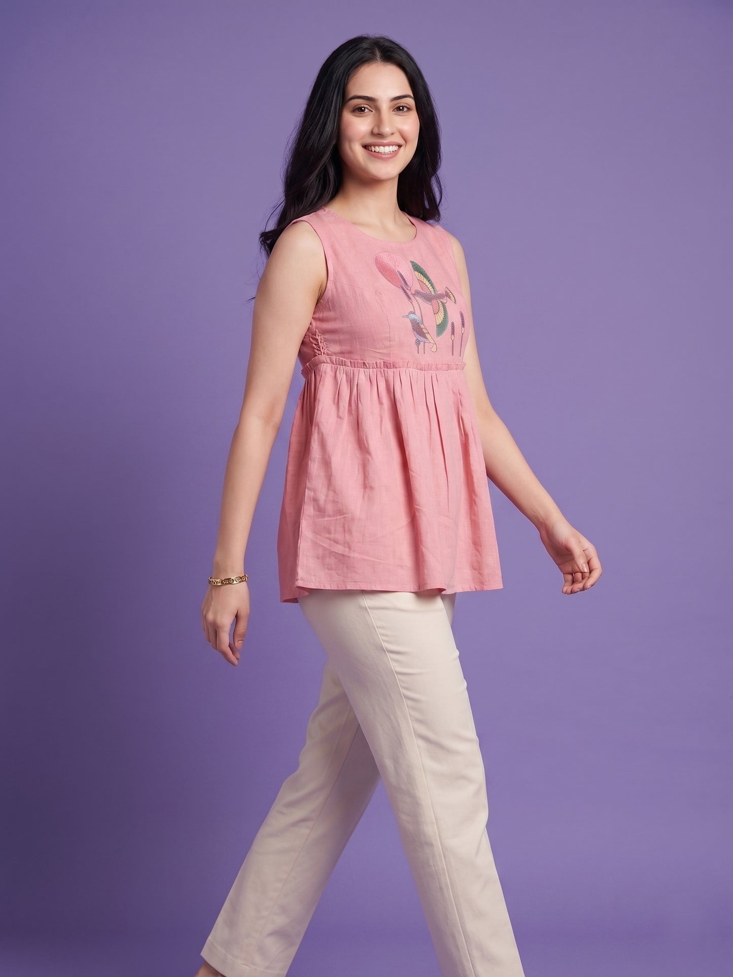 Pink Round Neck Short Kurta