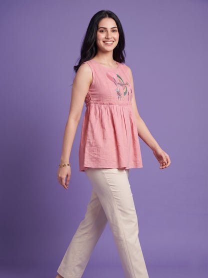 Pink Round Neck Short Kurta