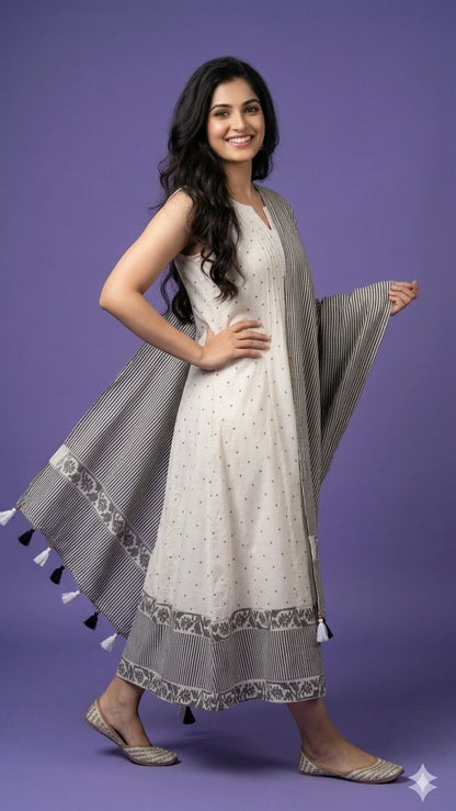 White V Neck Cotton Gown With Striped Dupatta