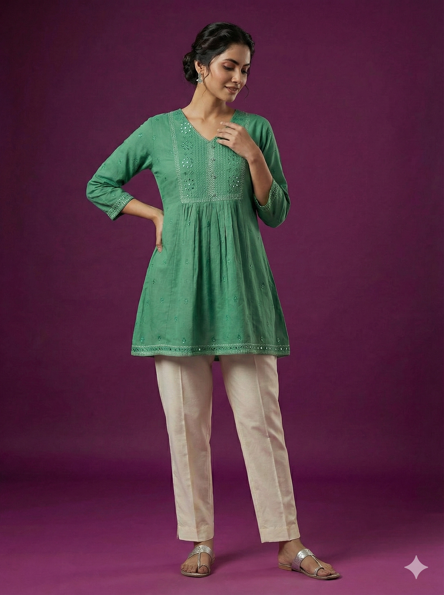 Green V neck Cotton Short Kurta