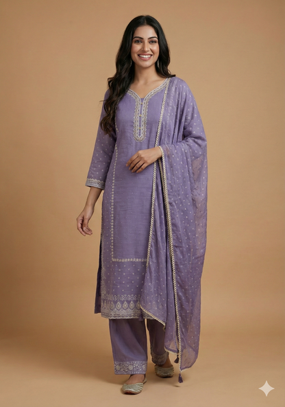 Purple Round V Neck Cotton Kurta