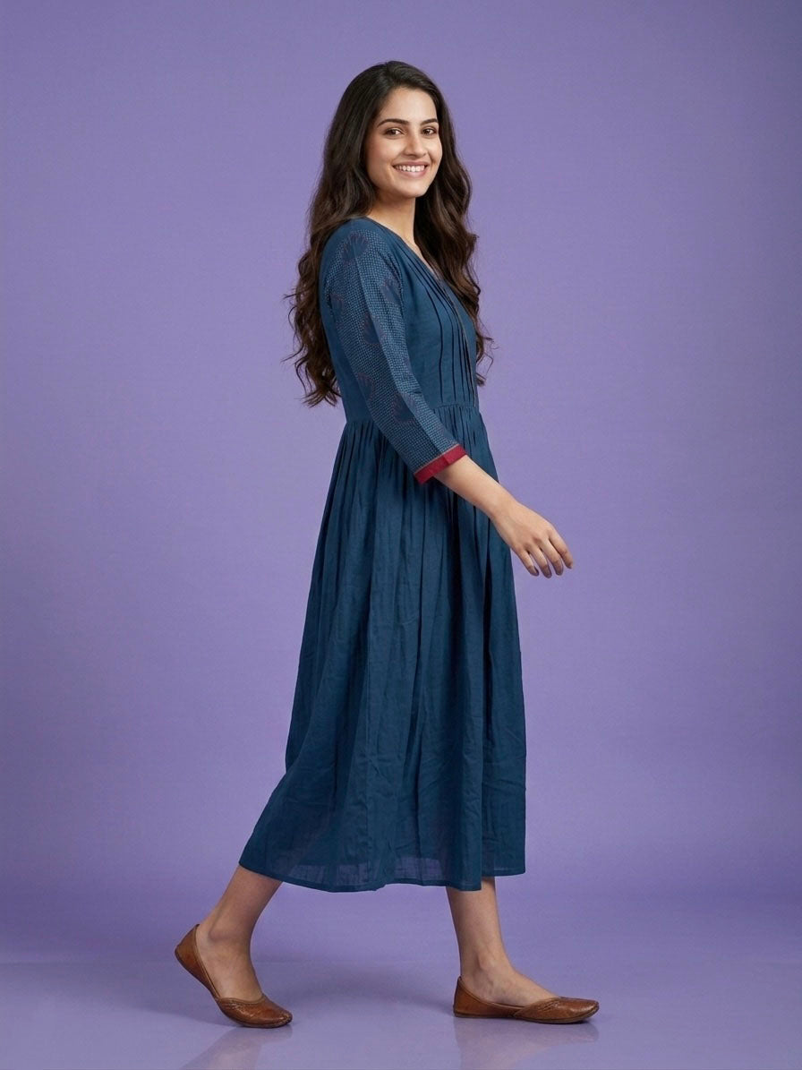 Blue V Neck Cotton Linen Kurta