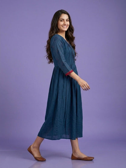 Blue V Neck Cotton Linen Kurta