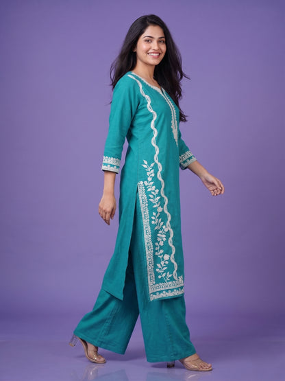 Green V Neck Cotton Kurta Set
