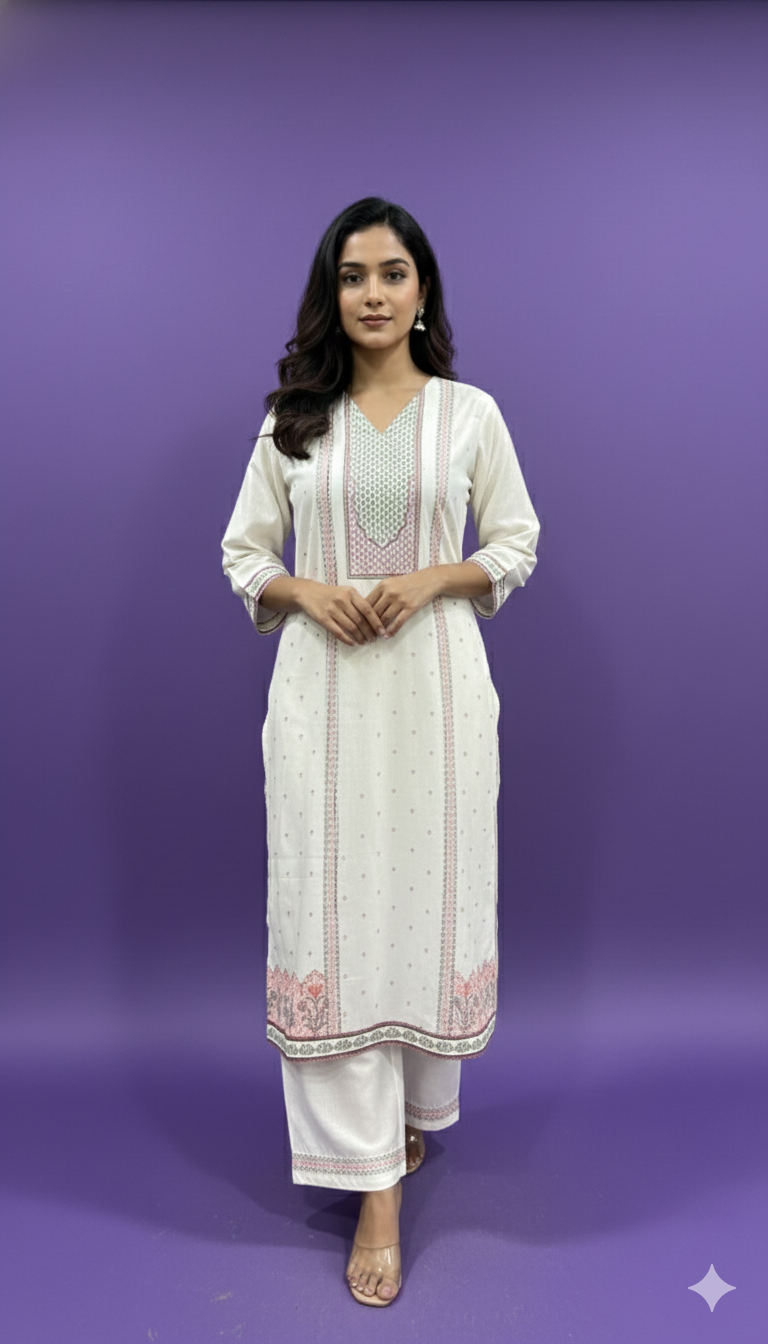 Ivory V Neck Cotton Kurta Set with Dupatta