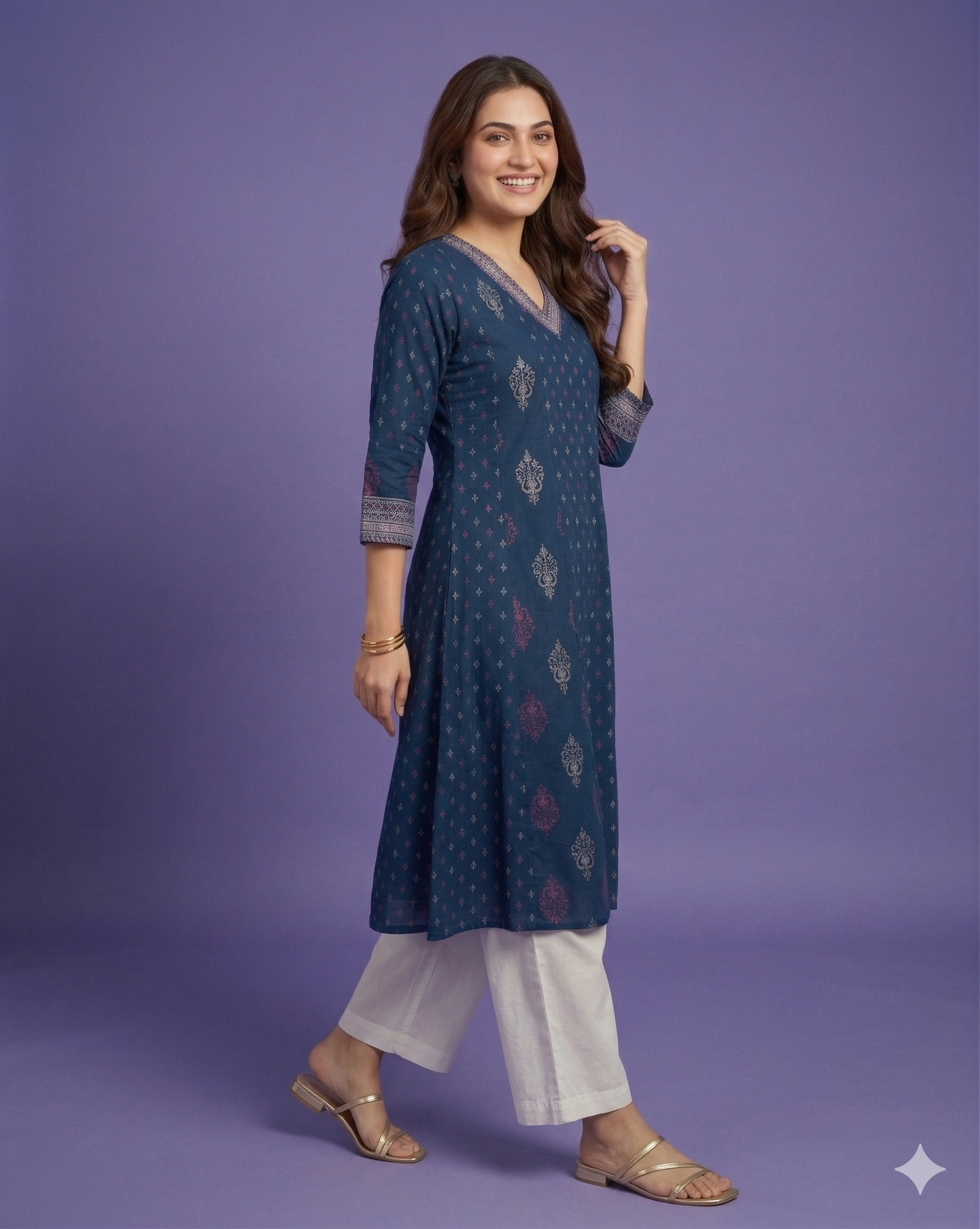 Blue V Neck Cotton Kurta