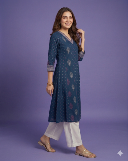 Blue V Neck Cotton Kurta