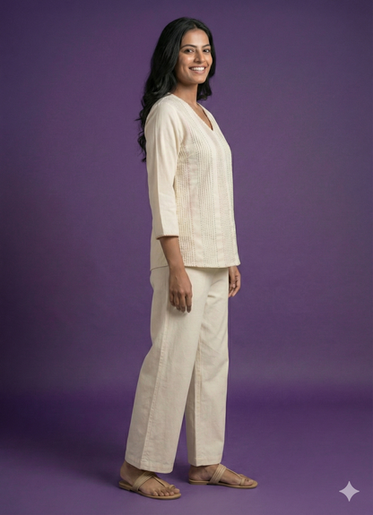 Ivory V Neck Cotton Short Kurta