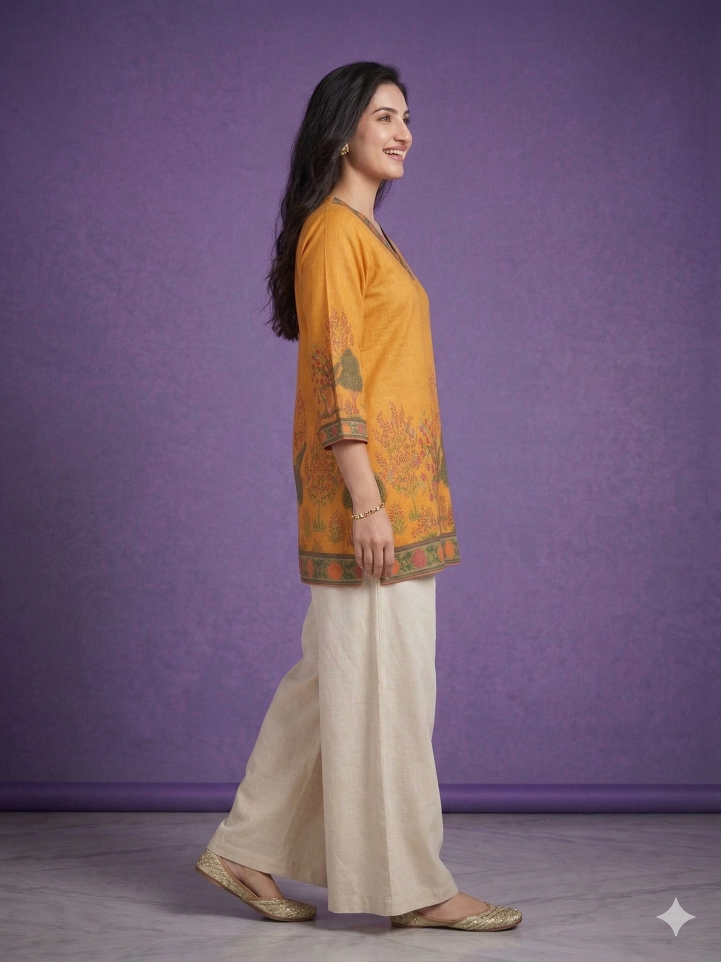 Yellow V Neck Cotton Short Kurta