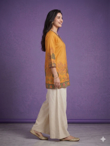 Yellow V Neck Cotton Short Kurta
