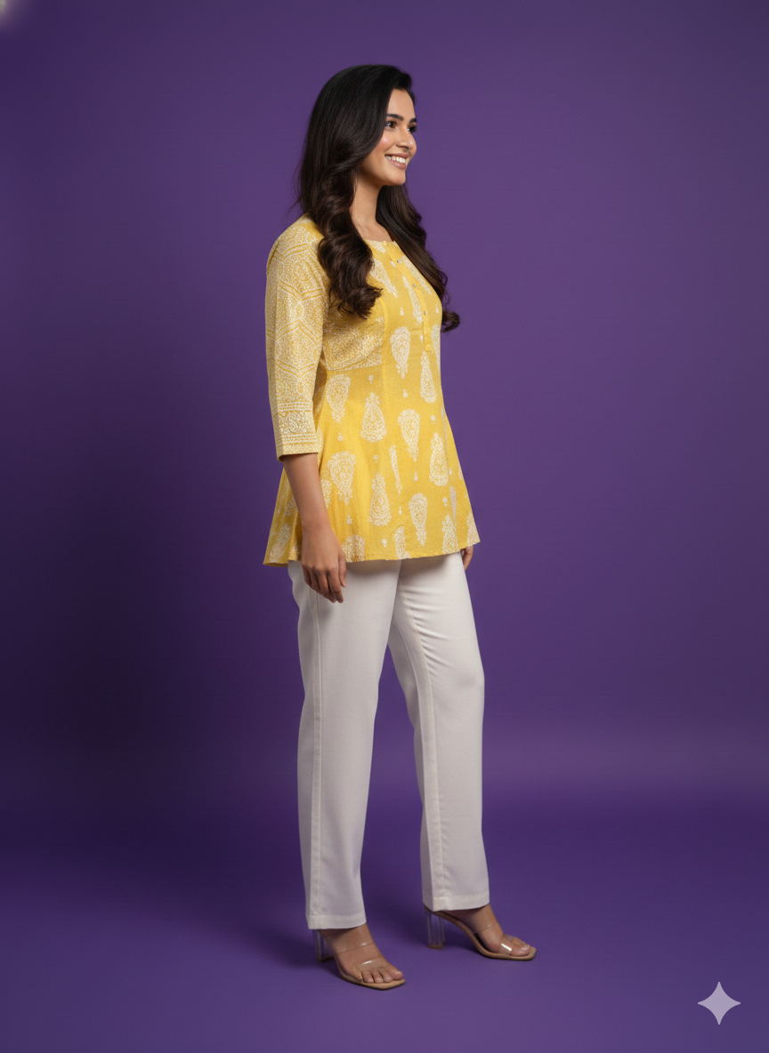 Yellow Mandarin Cotton Short Kurta