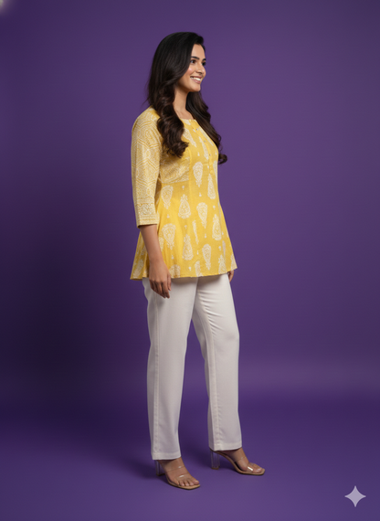 Yellow Mandarin Cotton Short Kurta