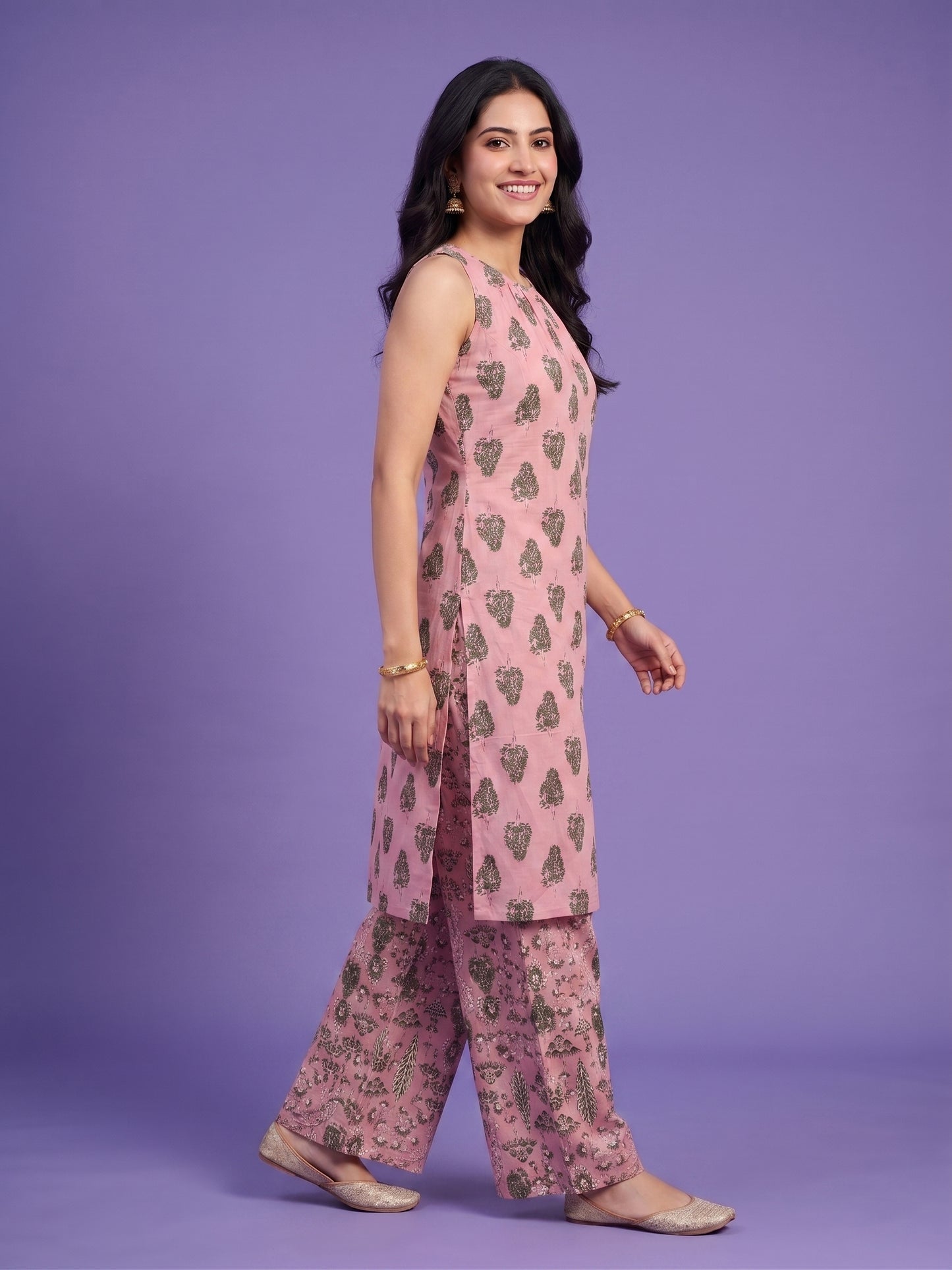 Pink Round Neck Cotton Cord Set