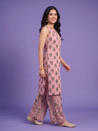 Pink Round Neck Cotton Cord Set