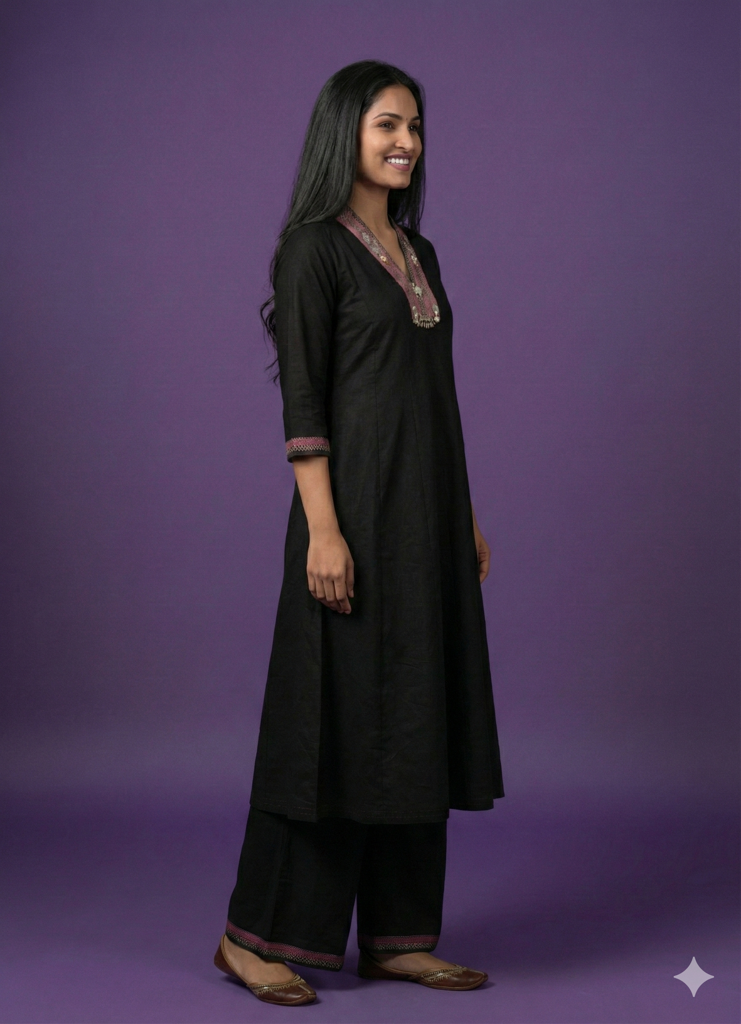 Black V Neck Silk Kurta Set