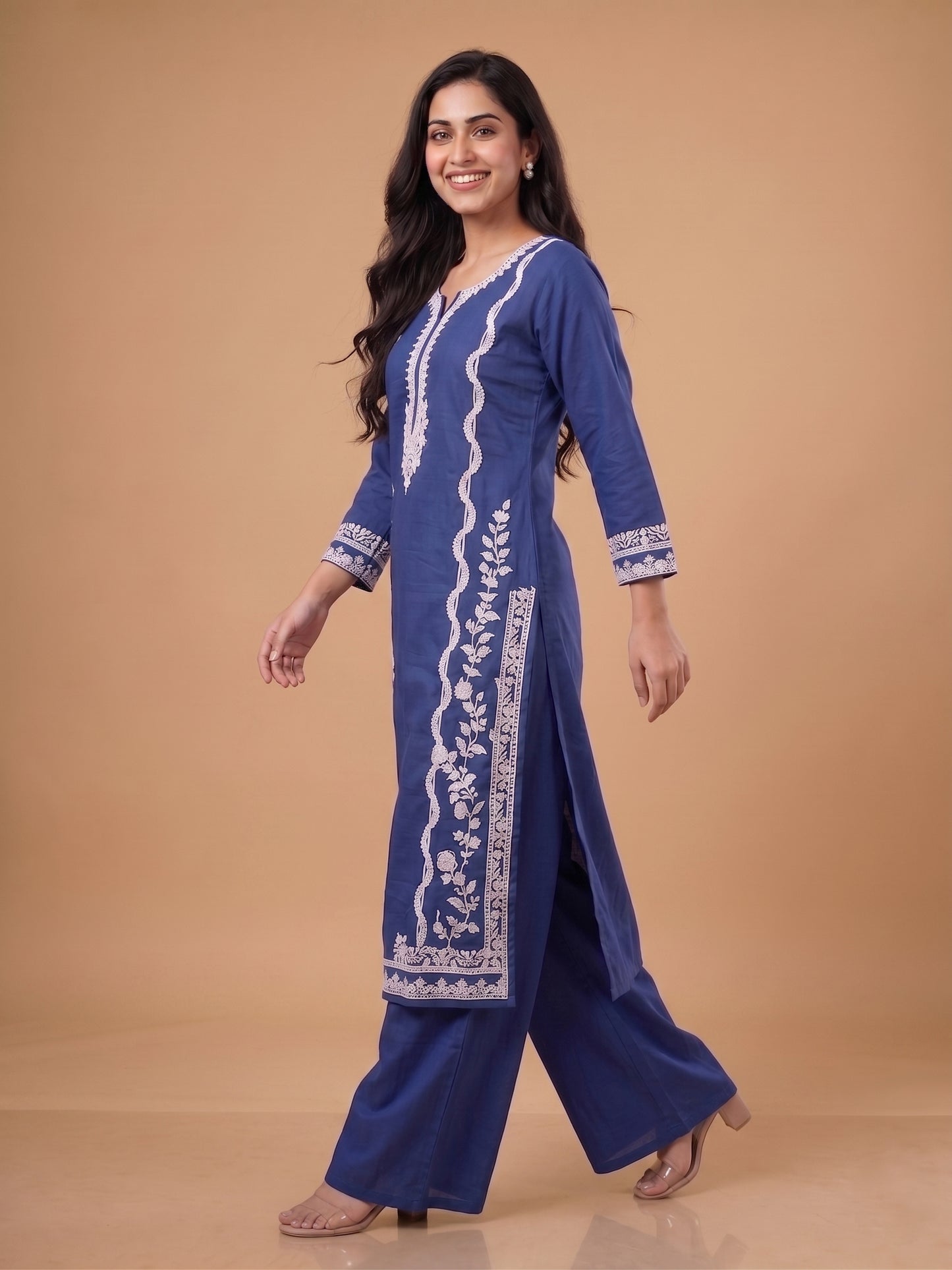 Blue V Neck Cotton Kurta Set