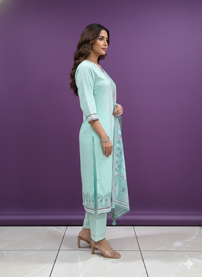 Green V Neck Cotton Kurta Set with Dupatta
