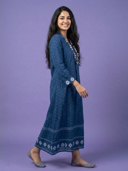 Blue High V Neck Cotton Kurta