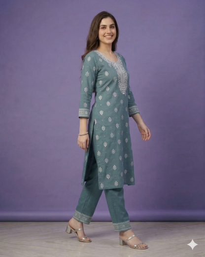 Blue Round Neck Cotton Kurta