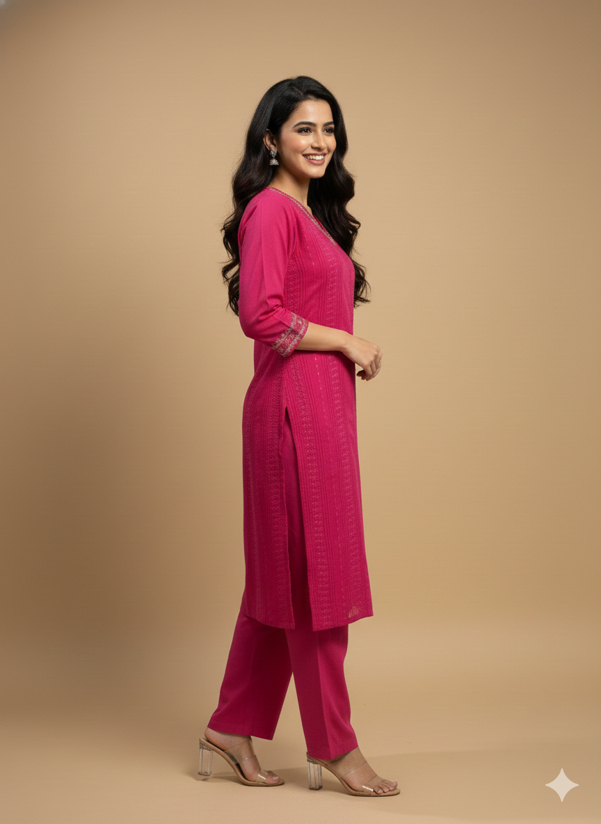 Pink V Neck Cotton Kurta