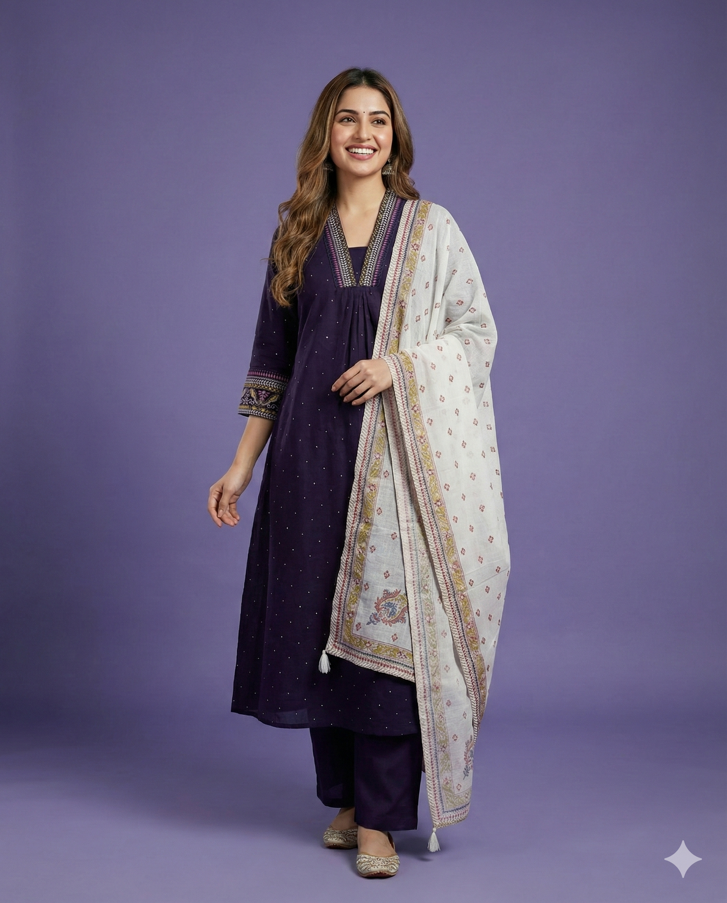 Purple Deep-V Cotton Kurta