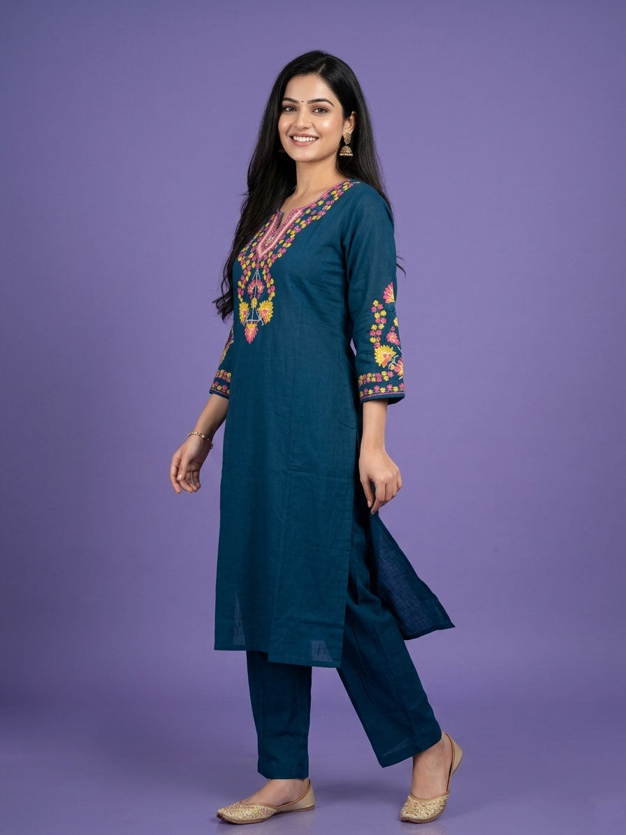 Blue Round V Neck Cotton Linen Kurta Set