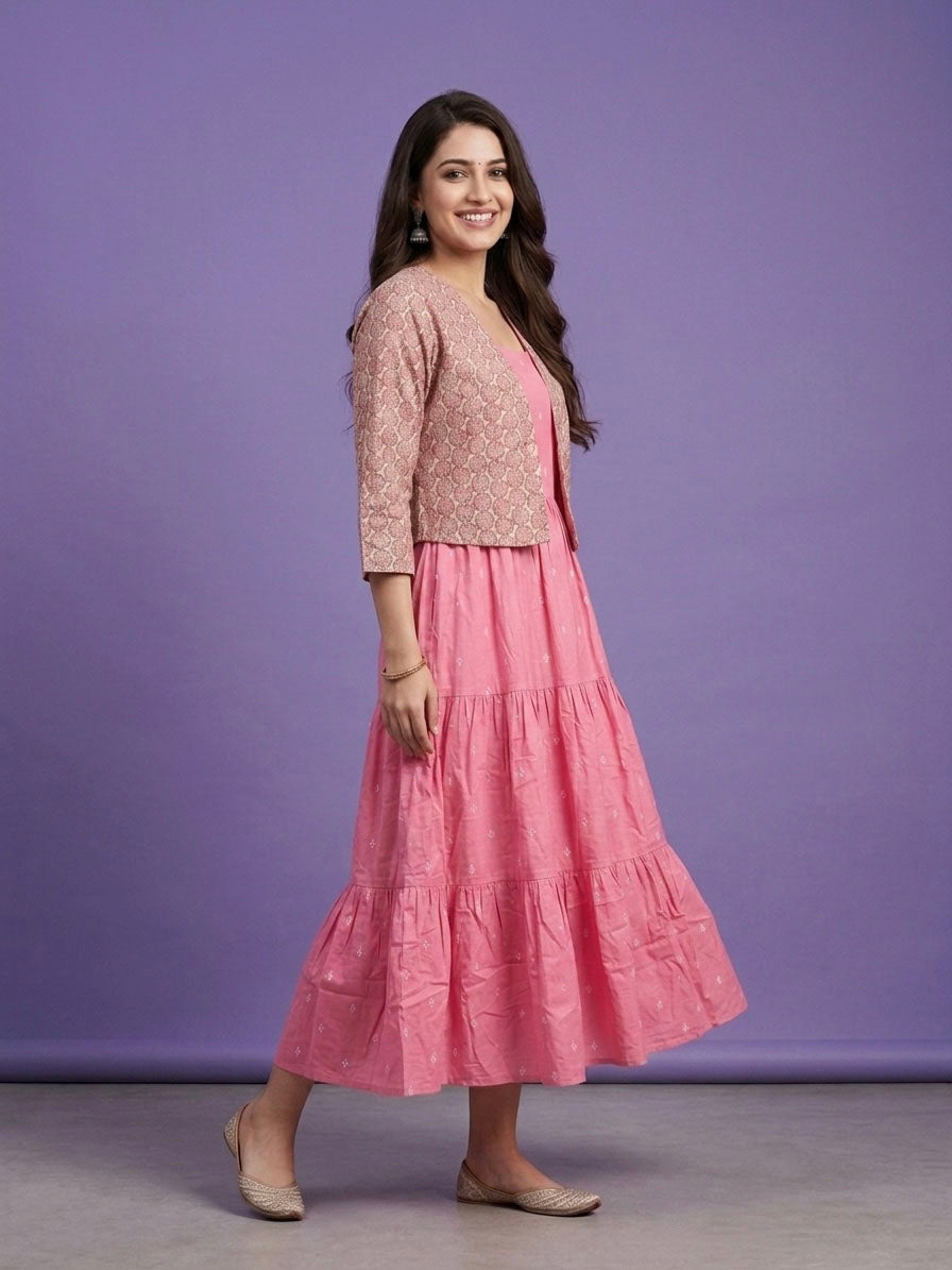 Pink Round Neck Cotton Linen Gown With Crop Jacket
