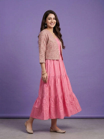Pink Round Neck Cotton Linen Gown With Crop Jacket