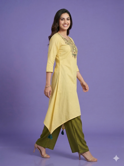 Yellow Round Neck Cotton Kurta