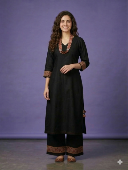 Black V Neck Silk Kurta Set with Dupatta
