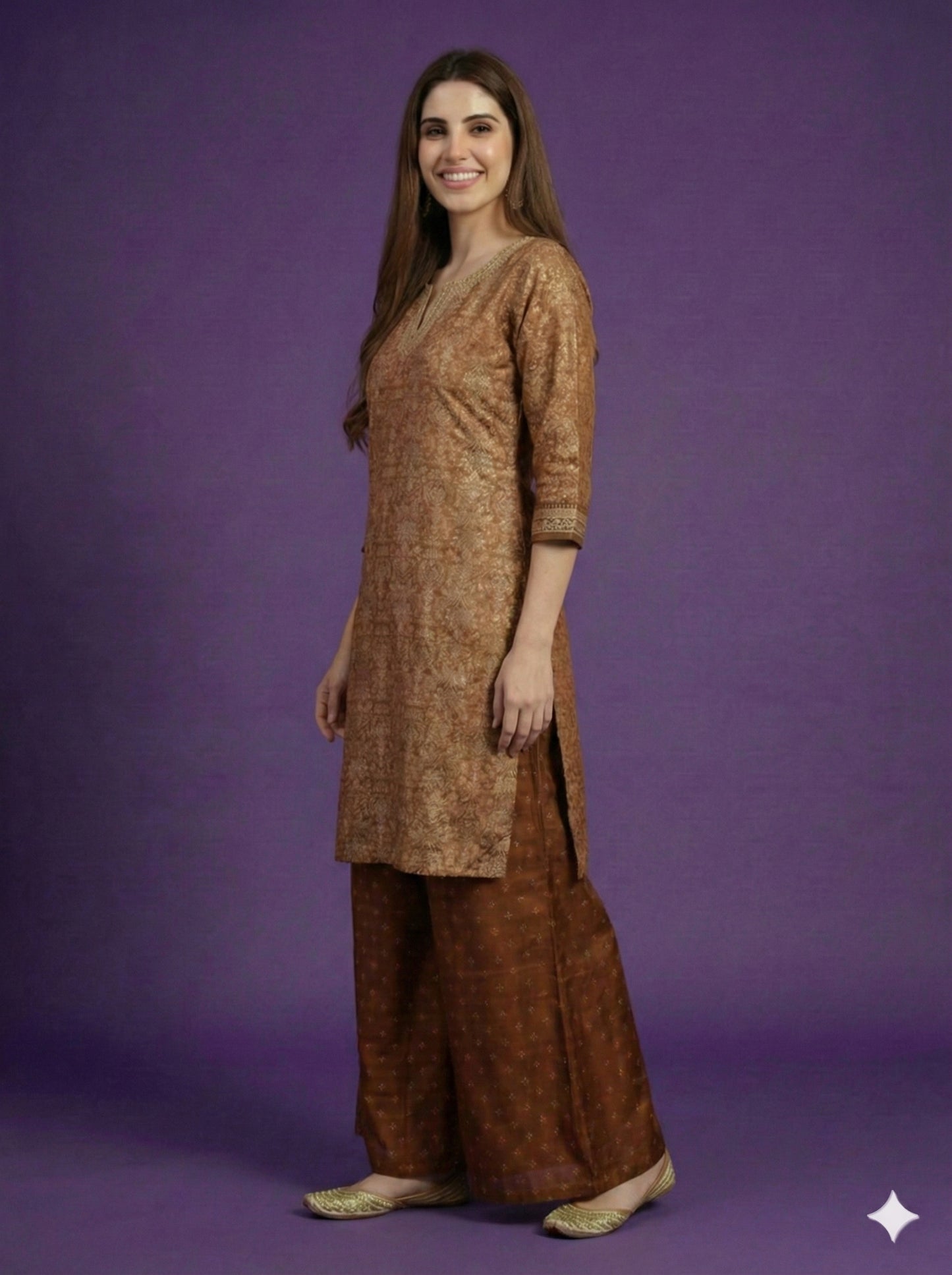 Brown Round V Neck Silk Kurta
