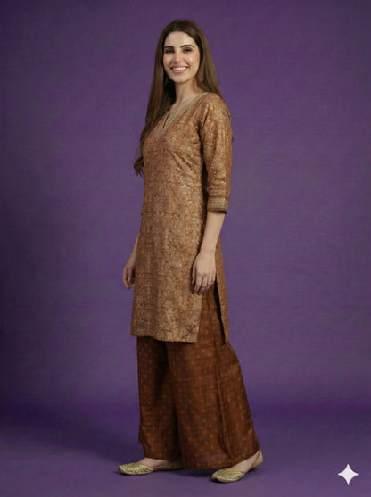 Brown Round V Neck Silk Kurta
