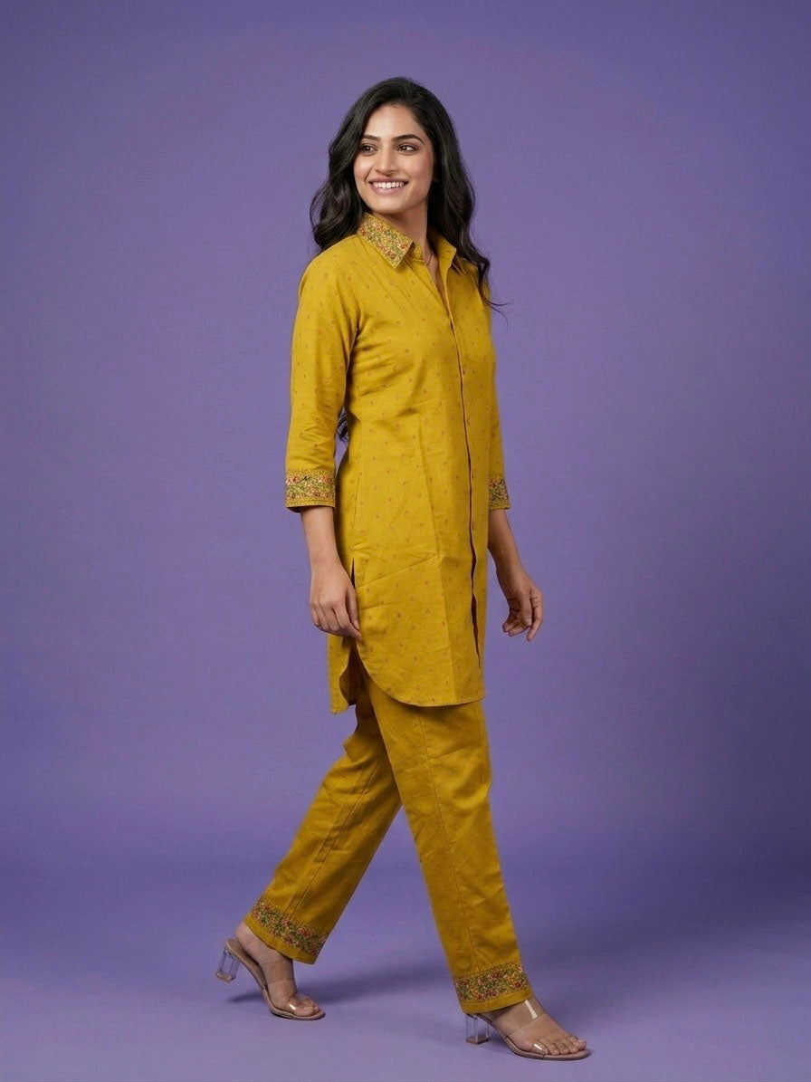 Yellow Shirt Collar Cotton Linen Cord Set